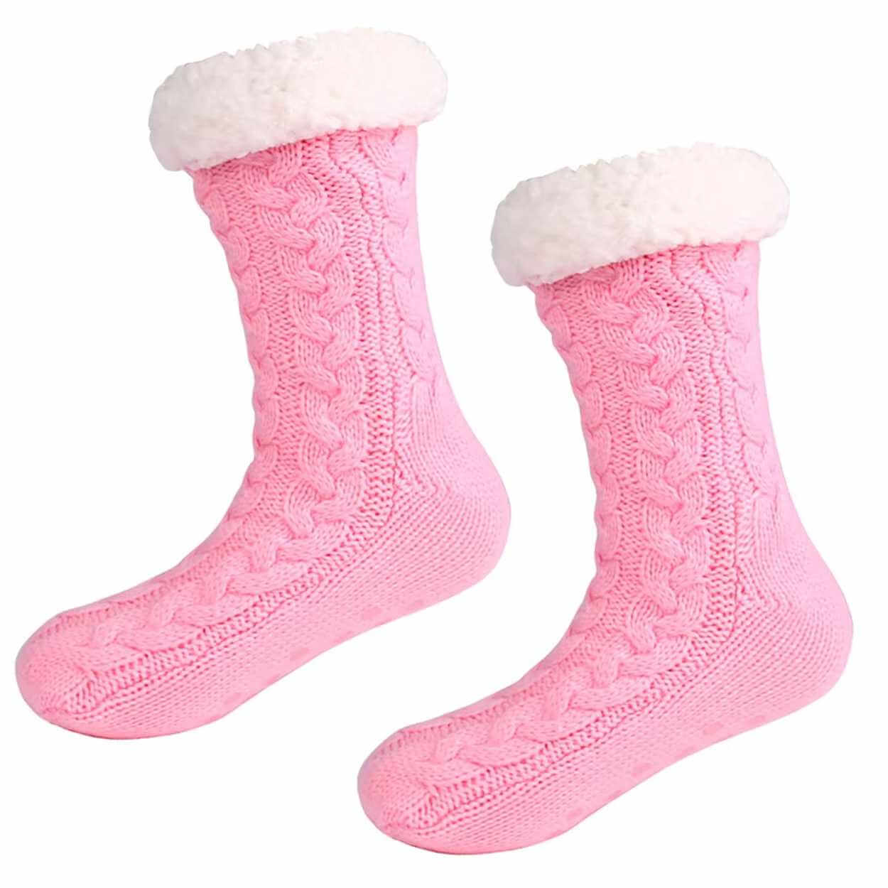Varma fodrade sockor | stickade tofflor med halkskydd rosa - bild 5