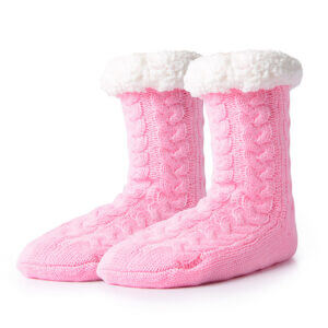 Varma fodrade sockor | stickade tofflor med halkskydd rosa