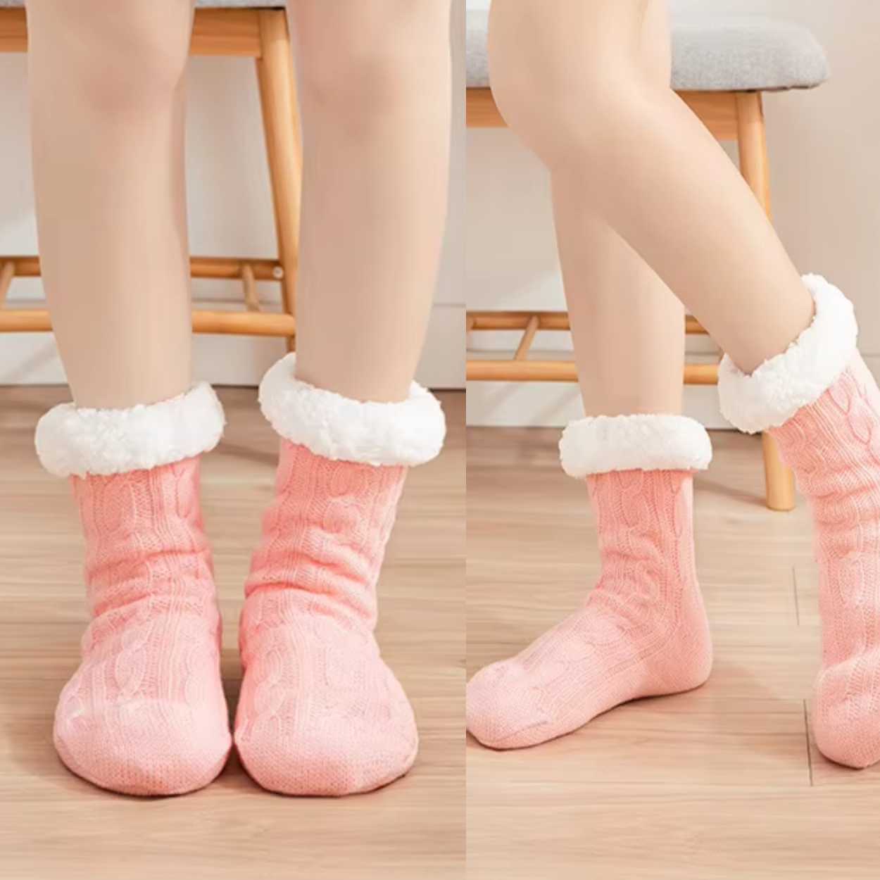 Varma fodrade sockor | stickade tofflor med halkskydd rosa - bild 3