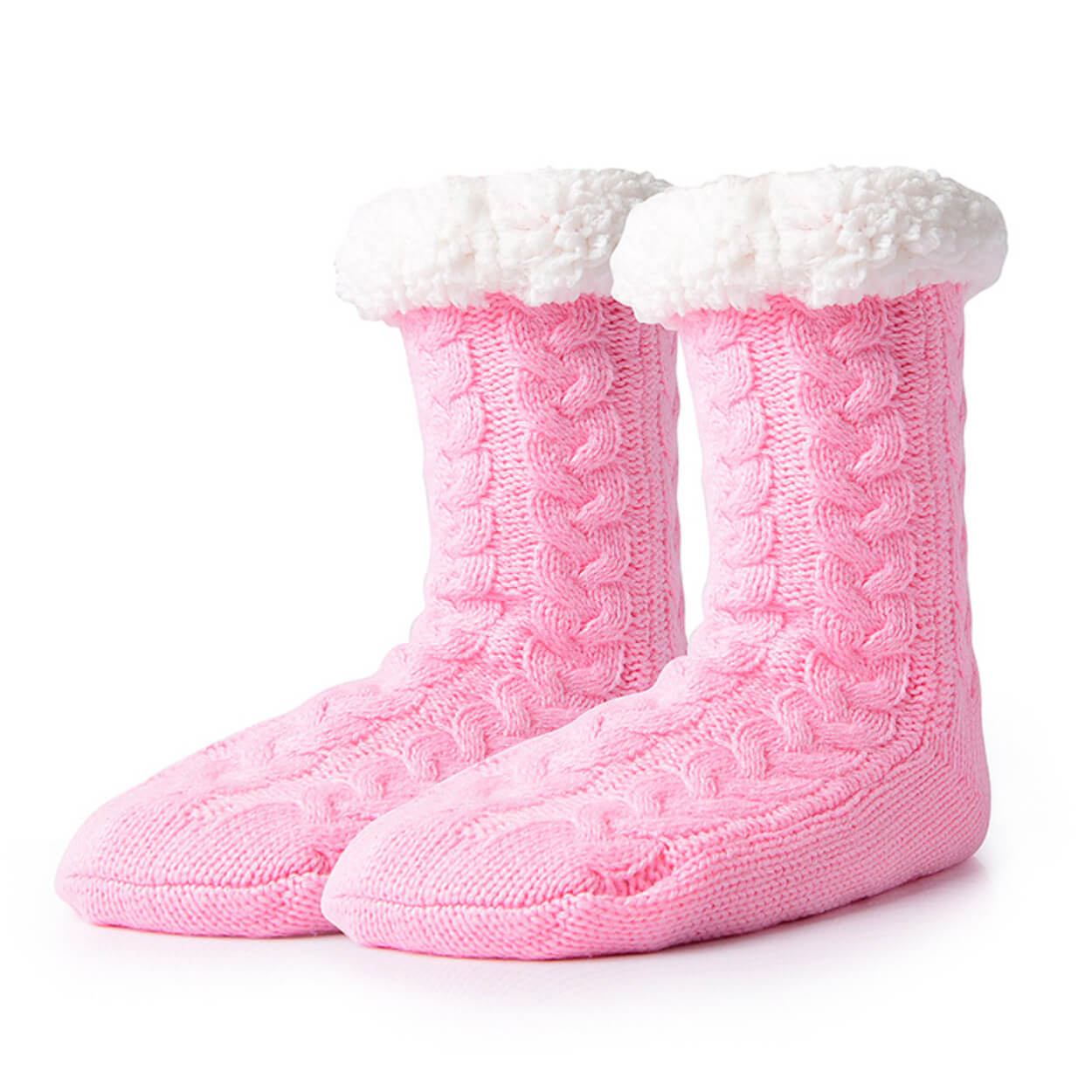 Varma fodrade sockor | stickade tofflor med halkskydd rosa