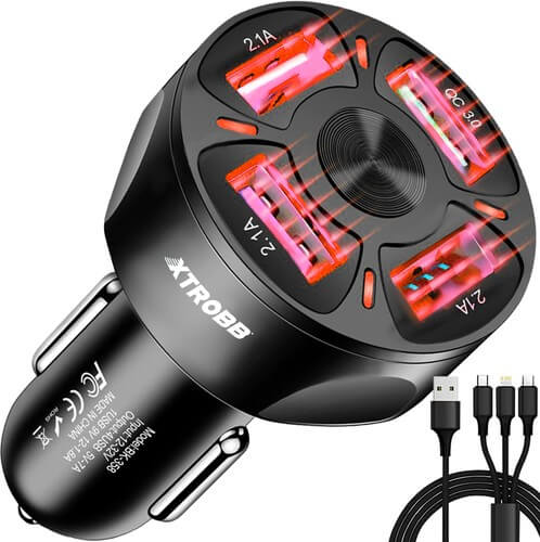 Billaddare med 3-i-1 kabel | 4 portar | quick charge 3a