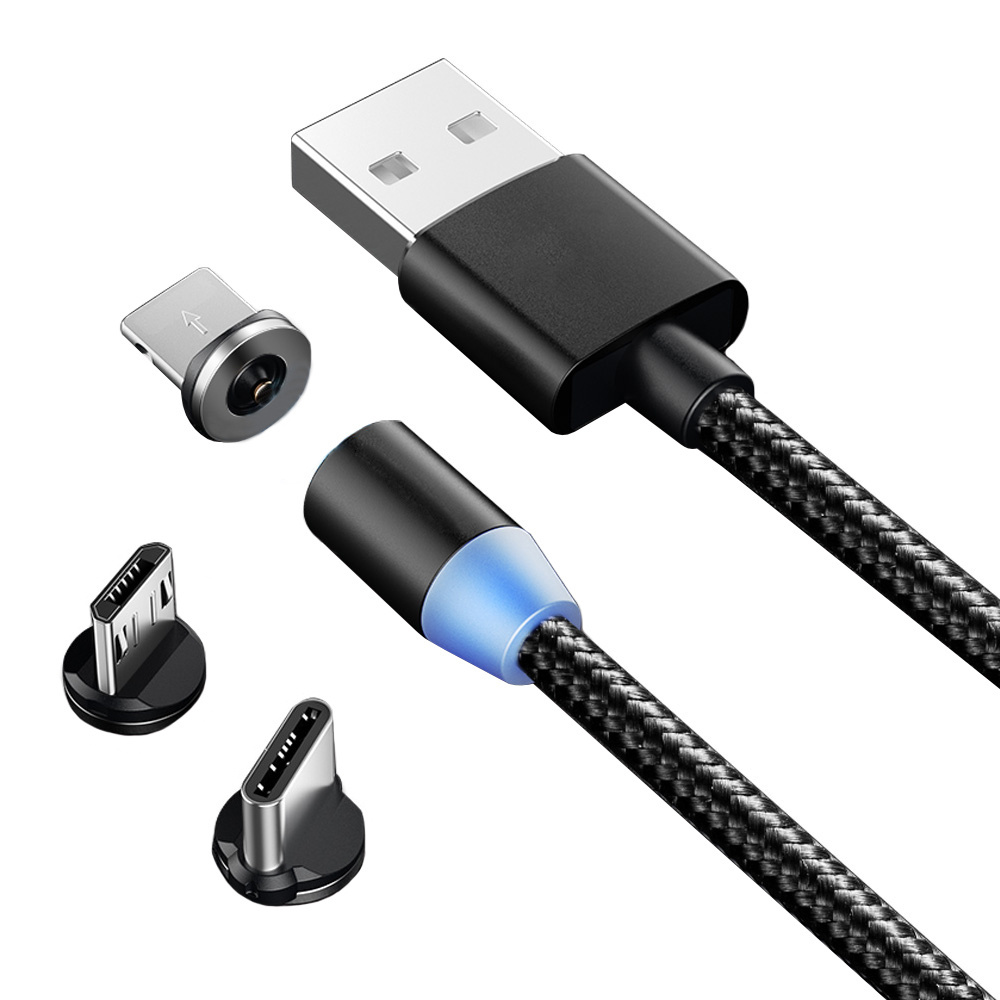 Magnetisk 3-i-1 laddkabel usb/micro/typ-c/lightning 1m svart