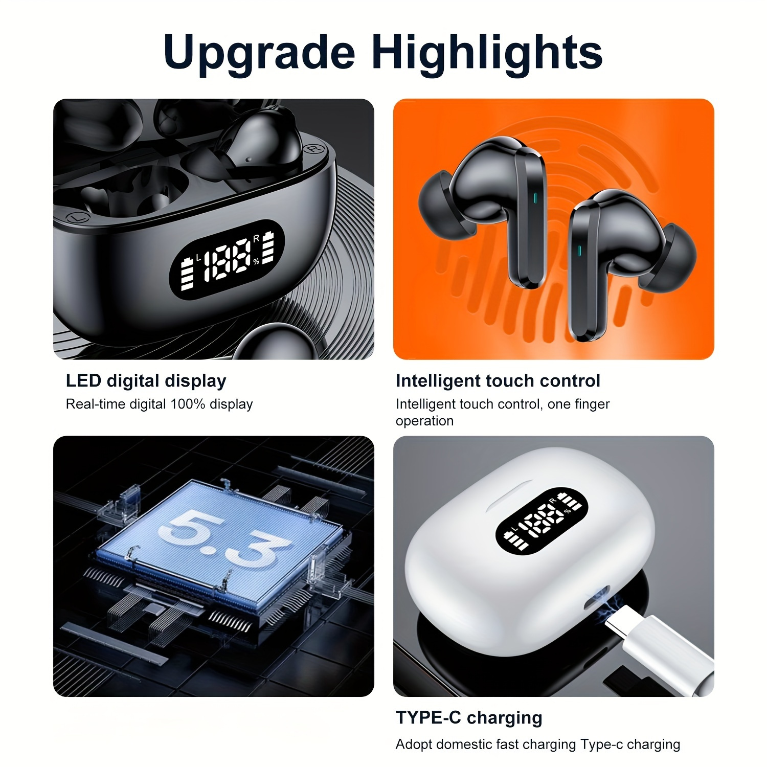 Trådlösa bluetooth in-ear hörlurar med led-laddningsetui och mikrofon vit - bilde 6
