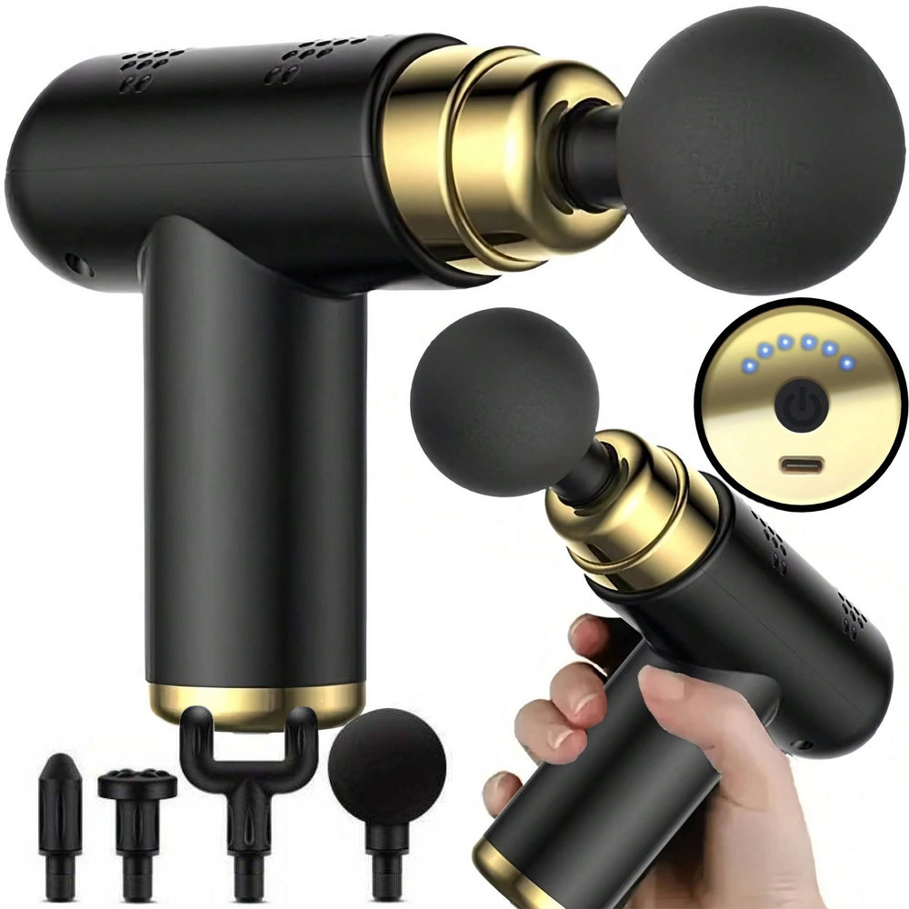 Mini massagepistol – kompakt och kraftfull muskelmassager med 6 hastigheter, 4 massagehuvuden och usb-c-laddning