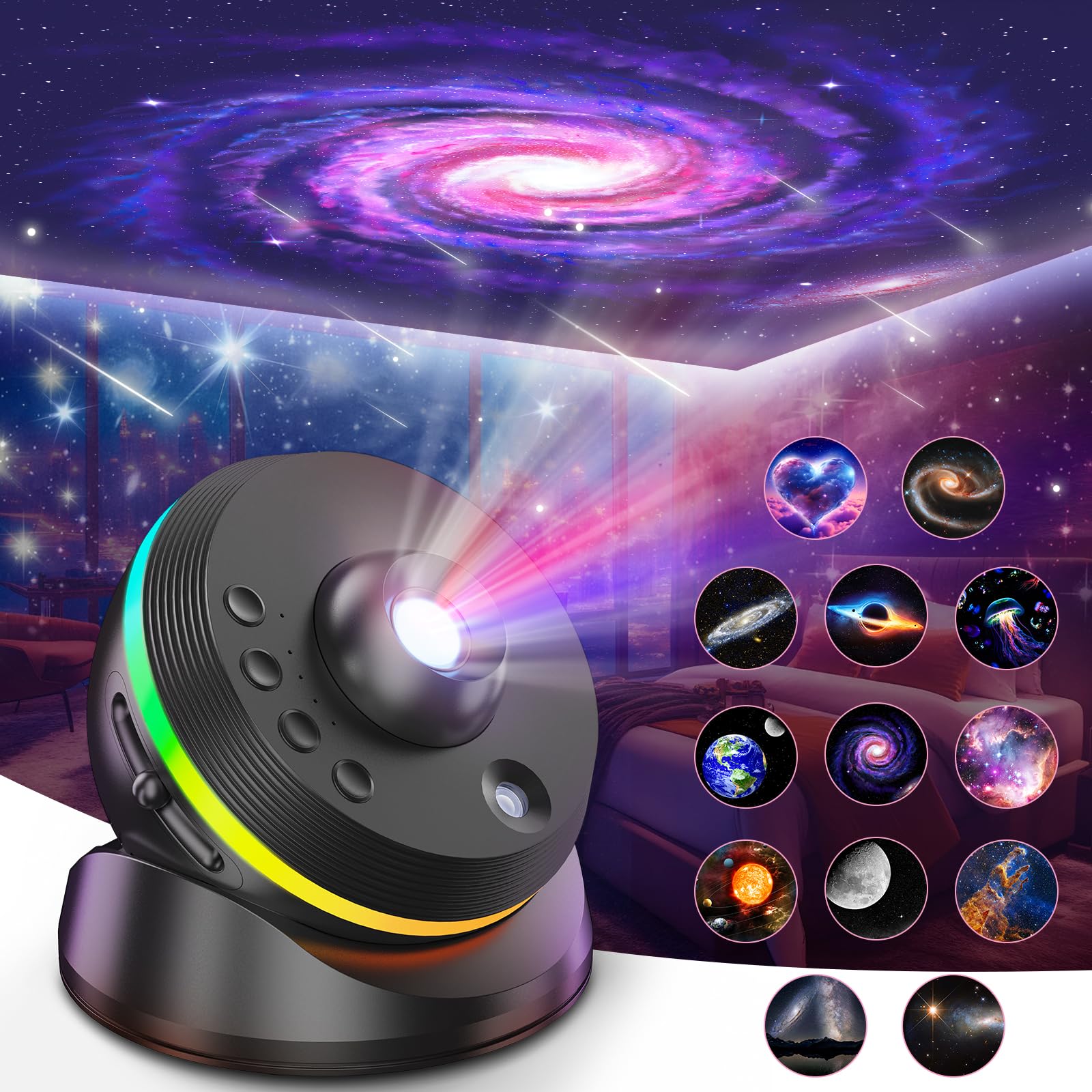 4k hd galaxy-projektor 13-i-1 – stjerneprojektor med meteoreffekt, 360° rotasjon og 13 filmruller