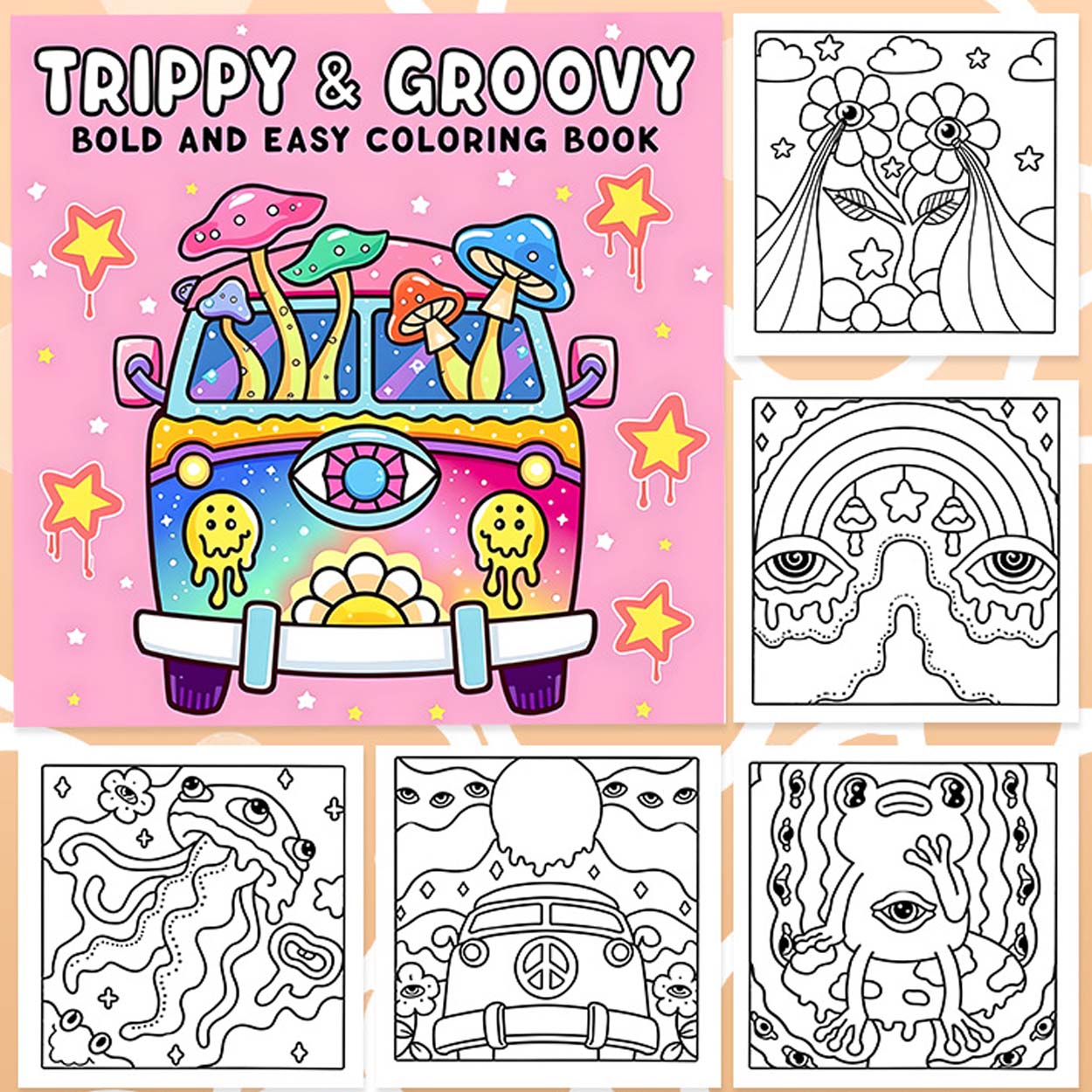 Trippy & groovy – målarbok för vuxna med psykedeliska mönster, 24 sidor, 20x20 cm, lätt att färglägga - bild 4