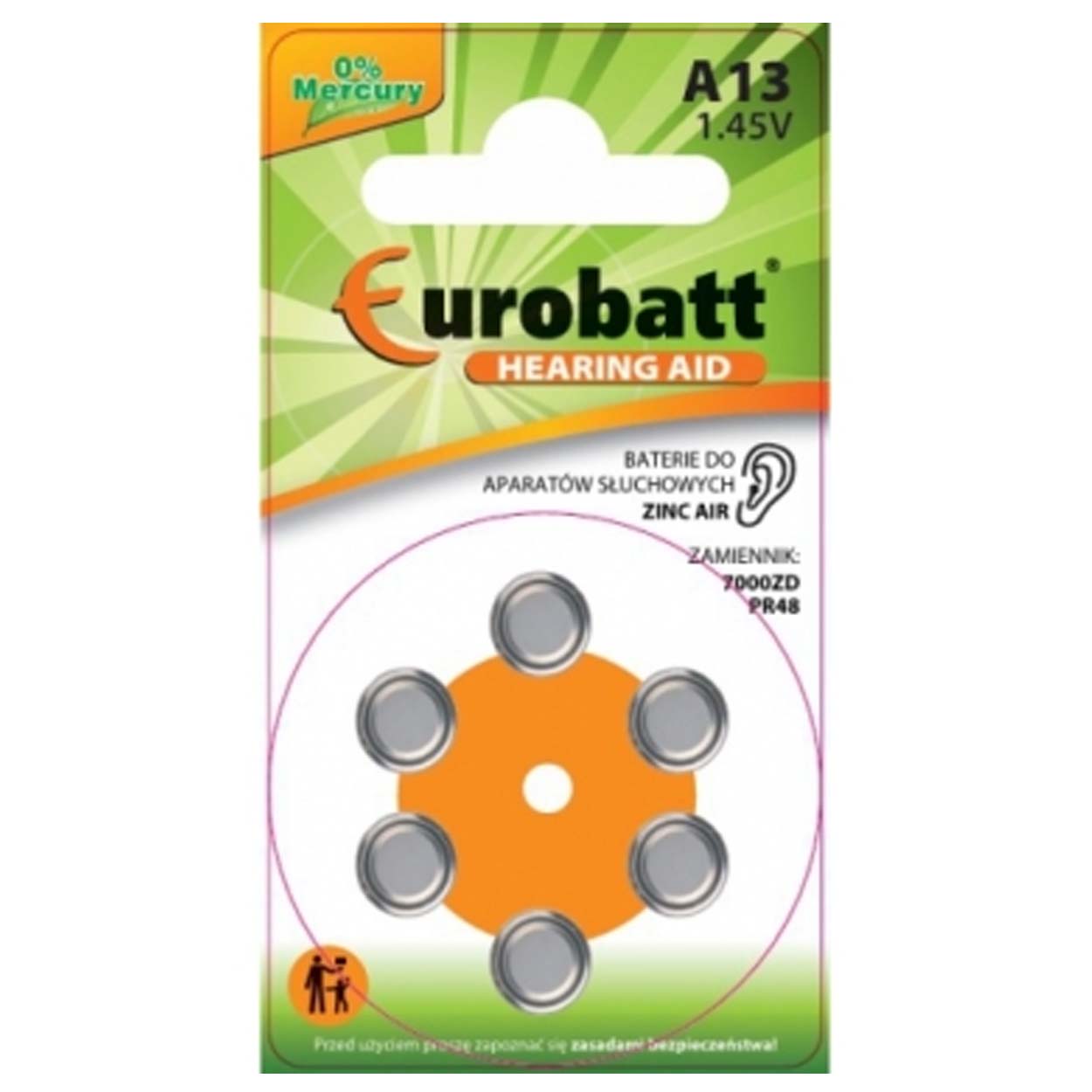6-pack batterier för hörapparat a13-bp6 pr48 7000zd hörselbatterier