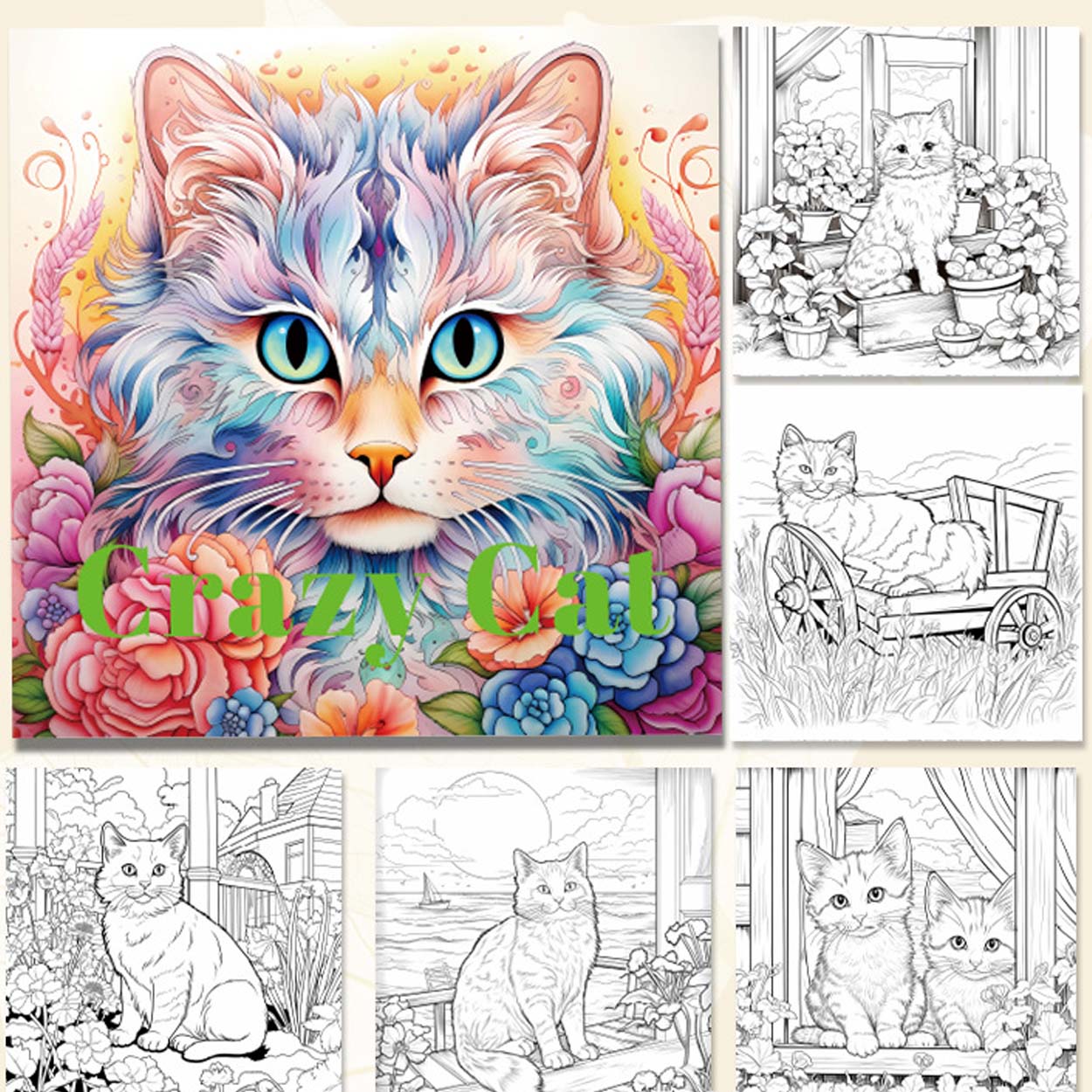 Malebok for voksne 24 sider 20x20 cm – crazy cat med detaljerte kattemotiver - bilde 3