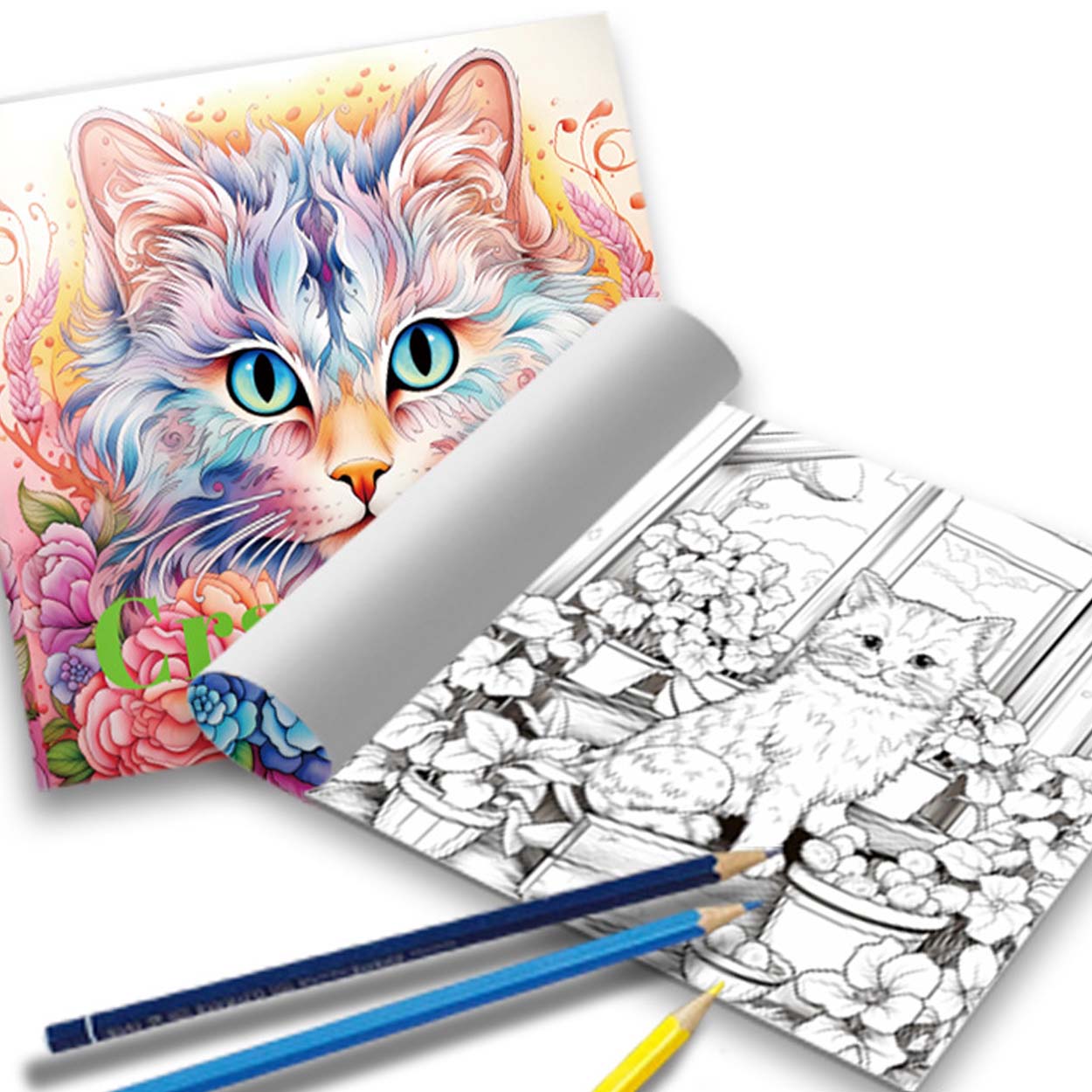 Malebok for voksne 24 sider 20x20 cm – crazy cat med detaljerte kattemotiver - bilde 5