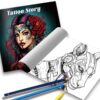 Målarbok för vuxna 24 sidor 20x20 cm – tattoo story med tatueringsmotiv