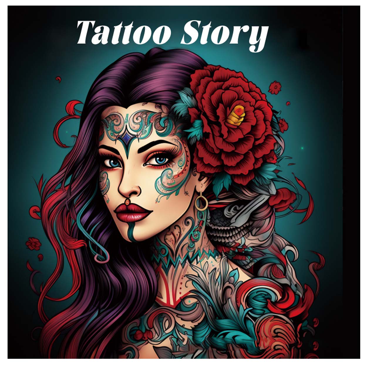Målarbok för vuxna 24 sidor 20x20 cm – tattoo story med tatueringsmotiv