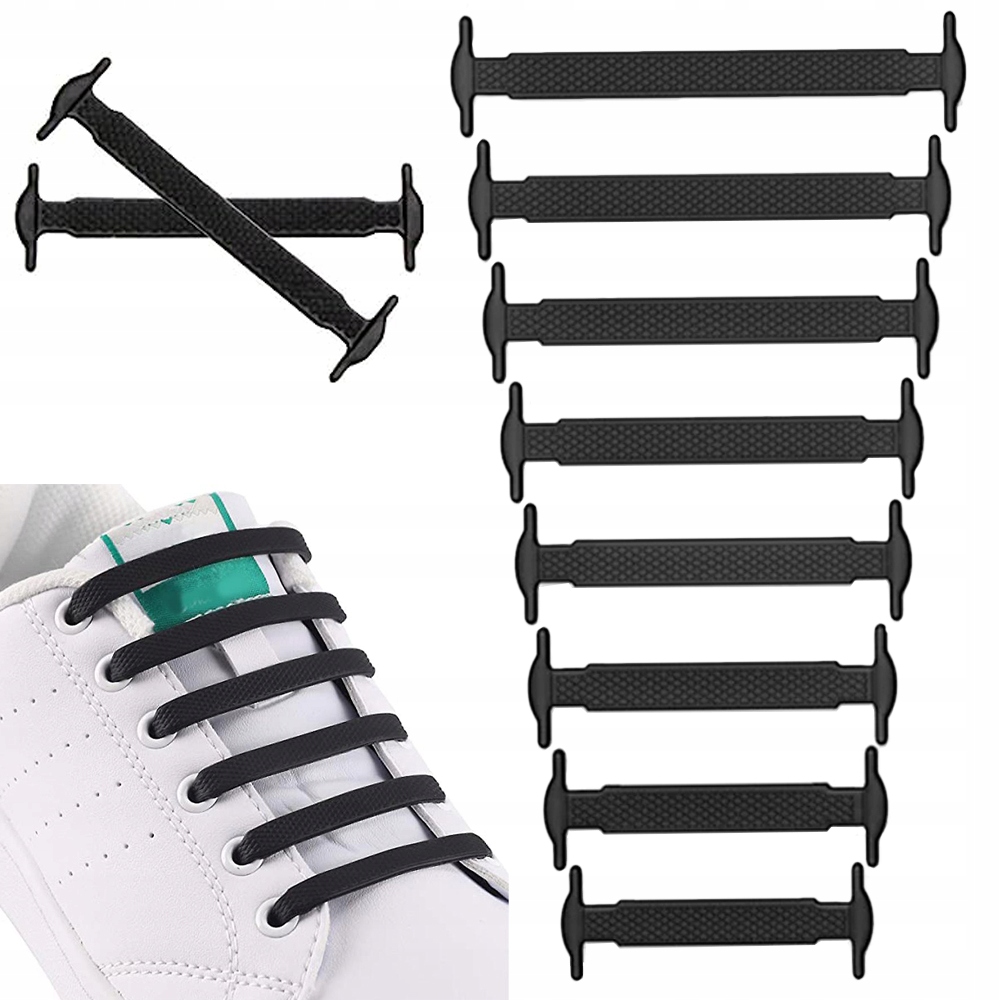 Silikonsnorer uten knyting 16-pakning – elastiske skolisser til sneakers og barn svart