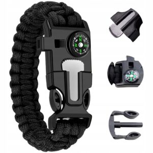 Paracord Armband 5-i-1 Svart – Kompass, Tändstål, Visselpipa för Överlevnad