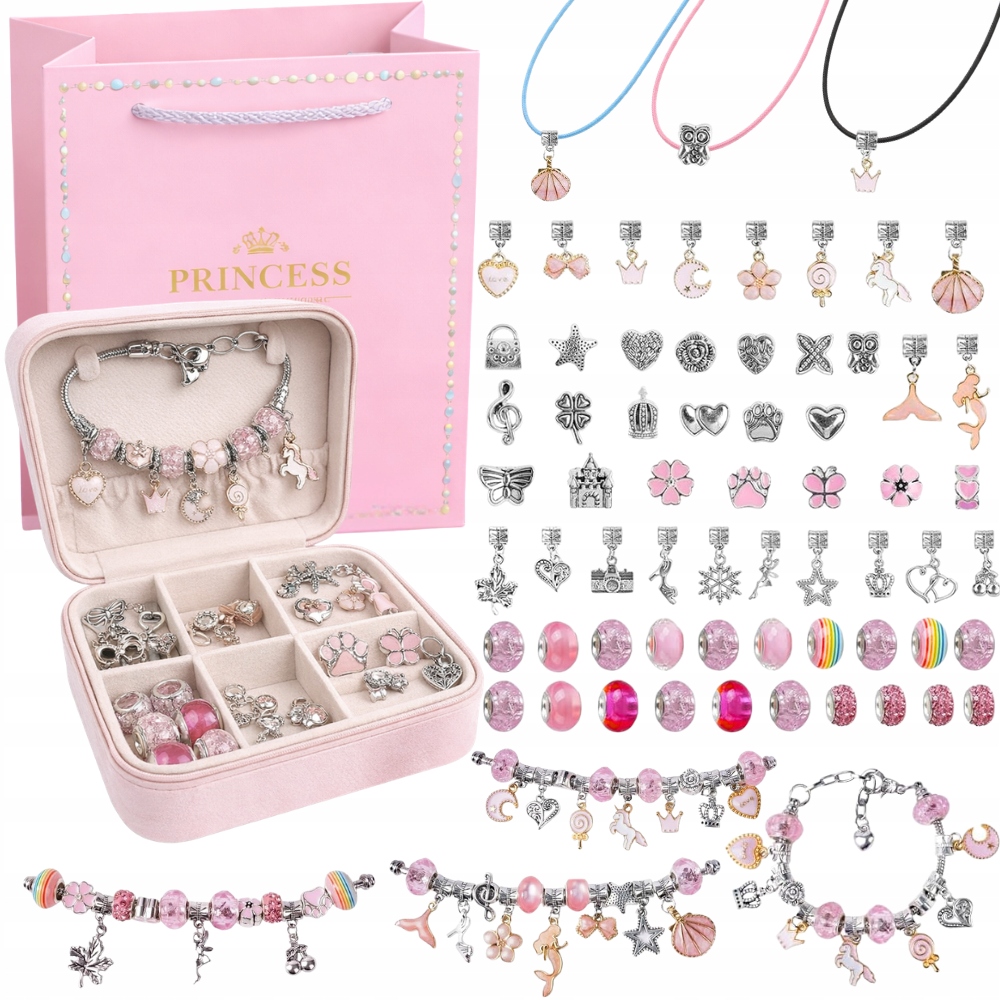 Hobbysett smykker barn rosa – diy armbånd og halskjede med charms gavesett