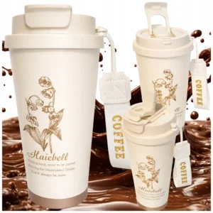 Termosmugg 530 ml med sugrör och handtag – Isolerad mugg i rostfritt stål för varm och kall dryck, Beige