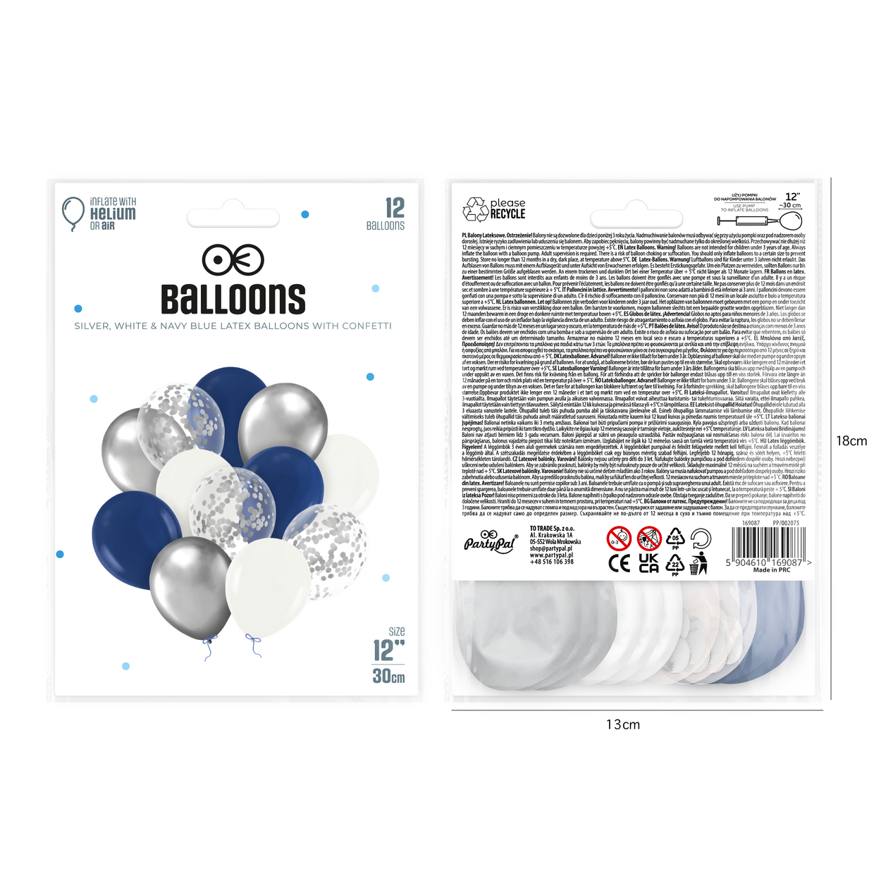 Ballonger silver vit mörkblå med konfetti 12 tum – 12-pack - bild 2