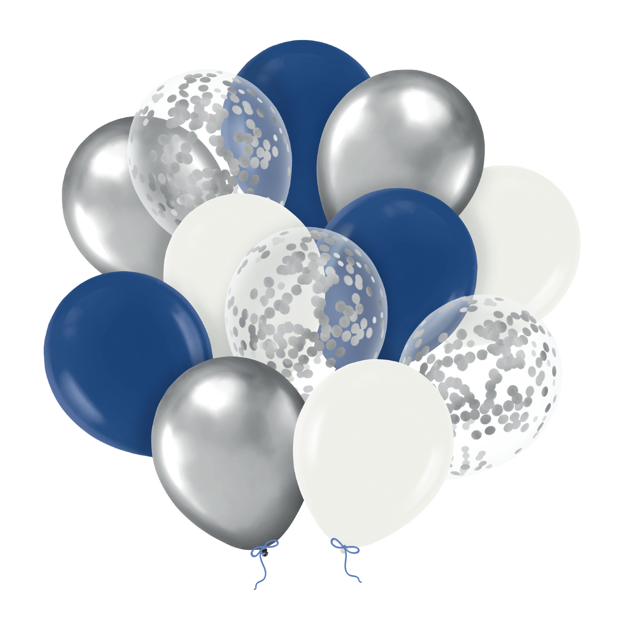 Ballonger silver vit mörkblå med konfetti 12 tum – 12-pack