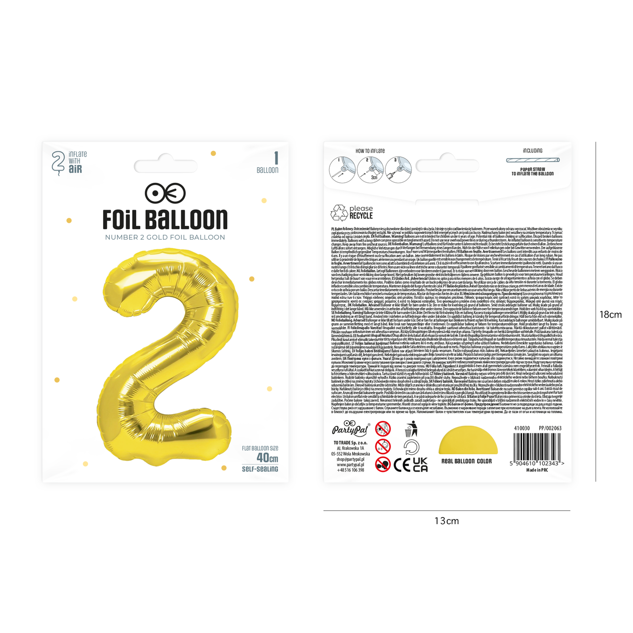 Folieballong siffra 2 guld 40 cm - bild 2