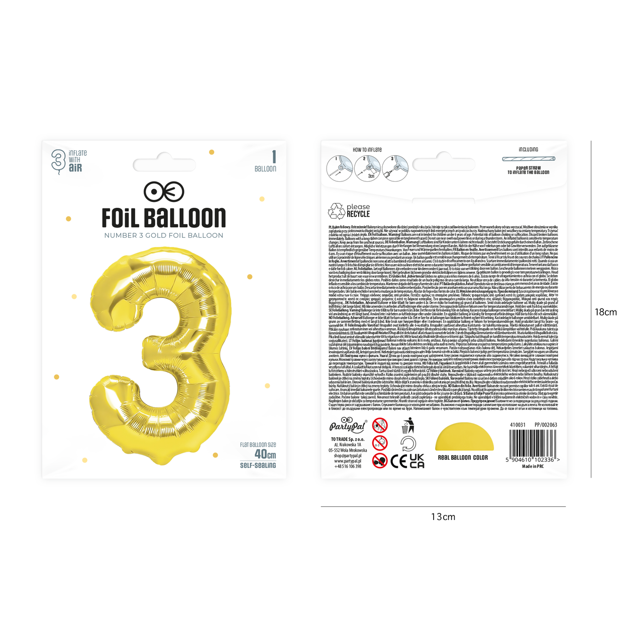 Folieballong siffra 3 guld 40 cm - bild 2