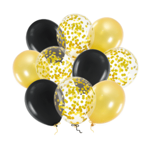Ballongbukett Svart Guld med Konfetti 12 tum – 10-pack