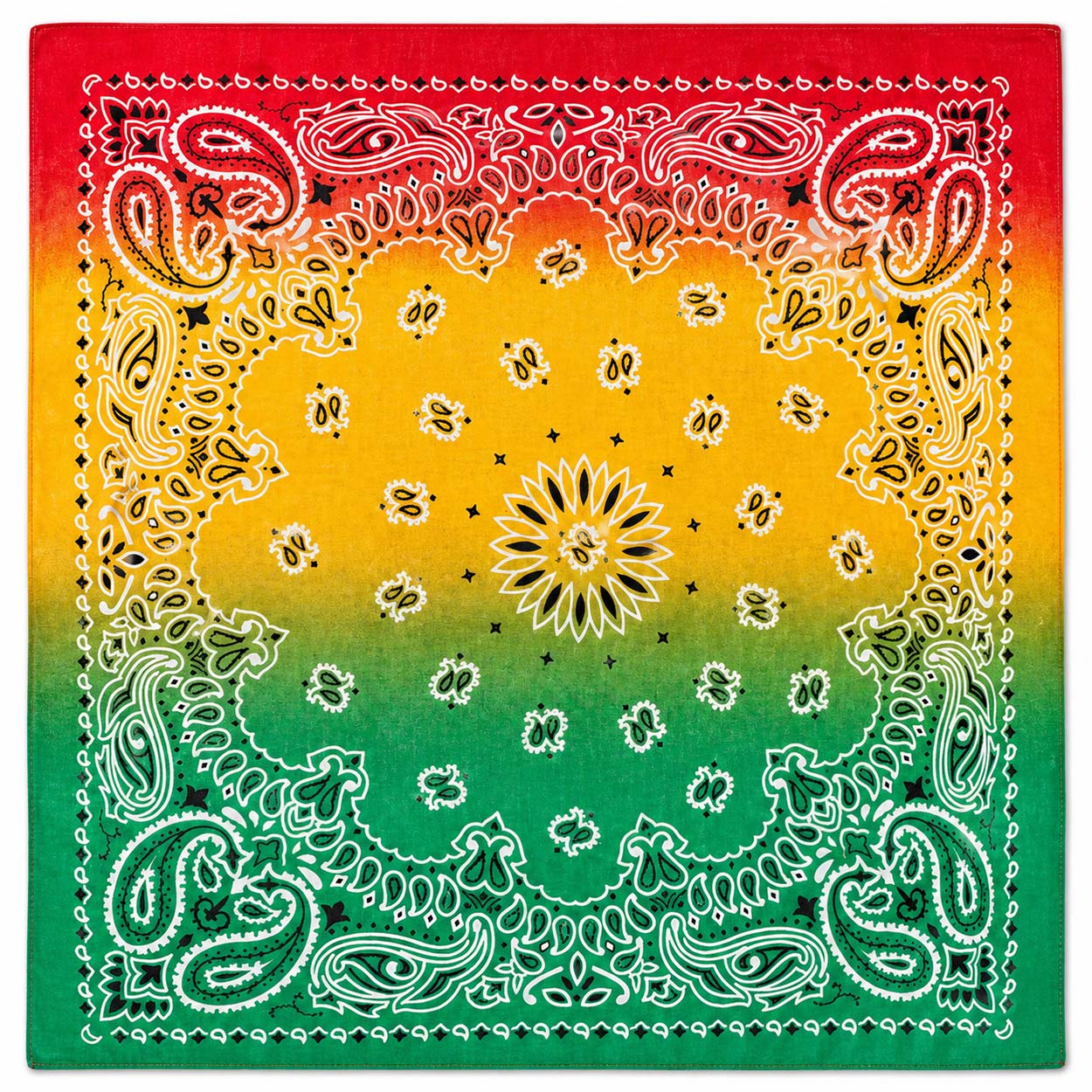 Bandana tie dye 55 cm – röd gul & grön paisley huvudduk scarf i bomull