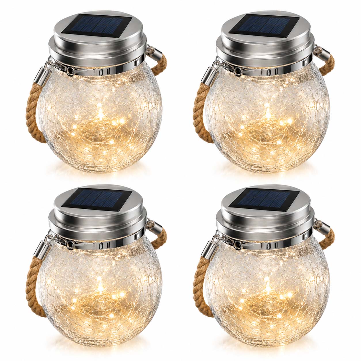 Solcellelykt i glass 4-pakning – hengende led-lamper med varmhvitt lys