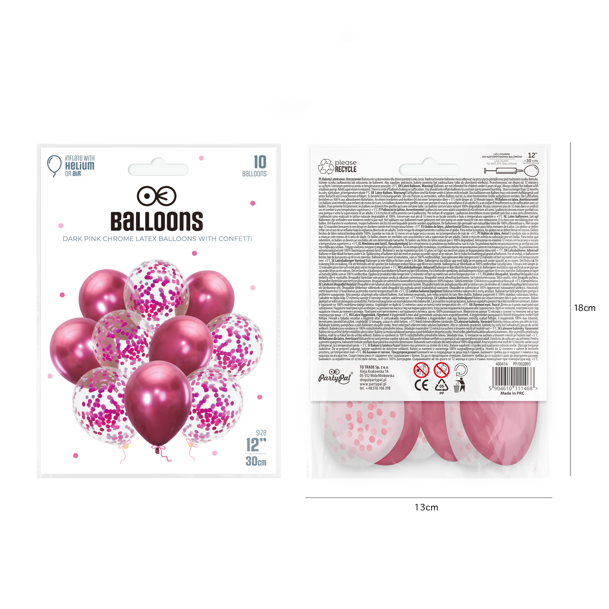 Ballongbukett mörkrosa chrome med konfetti 12 tum – 10-pack - bild 2