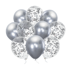 Ballongbukett Silver Chrome med Konfetti 12 tum – 10-pack