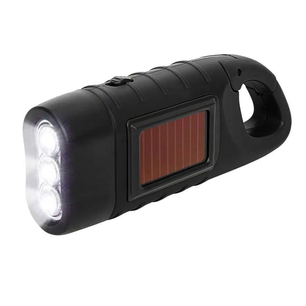 Dynamo ficklampa med solpanel – 3 led handvev laddning – svart - bild 2