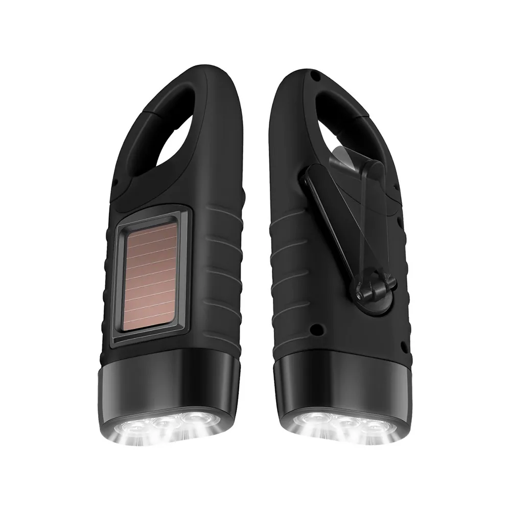 Dynamo ficklampa med solpanel – 3 led handvev laddning – svart - bild 7