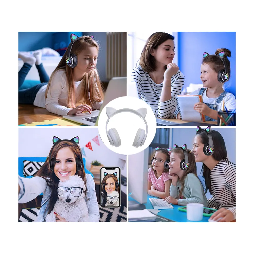 Trådlösa bluetooth hörlurar med kattöron och led-belysning - fm radio & mp3 - bilde 4